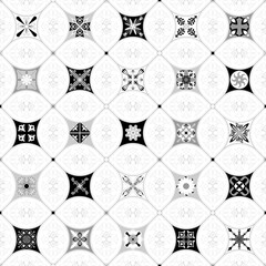 Seamless black and white patchwork tiles with Islamic, Arabic, Indian, Ottoman motifs. Ceramic majolica tiles. Portuguese and Spanish decor. Azulejo. Talavera style ceramic tiles. Mosaic tiles