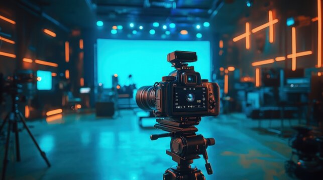 Camera filming in a vibrant studio.