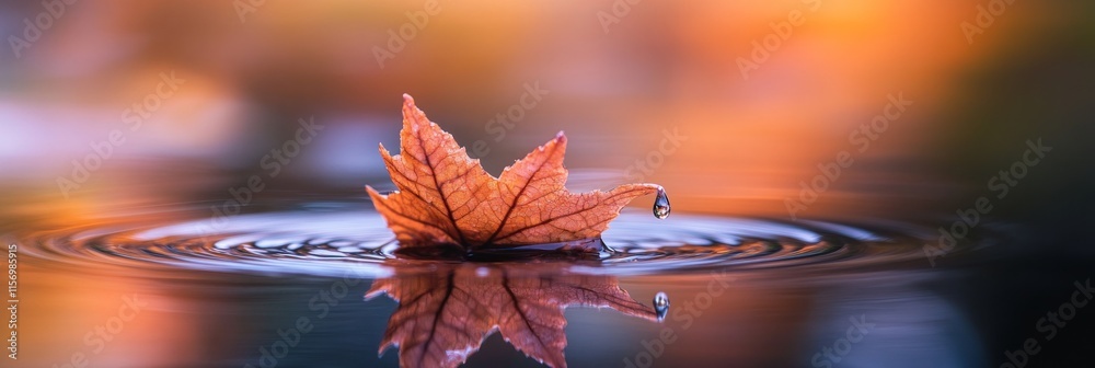 Aufkleber single autumn leaf floats on calm water, creating ripples.