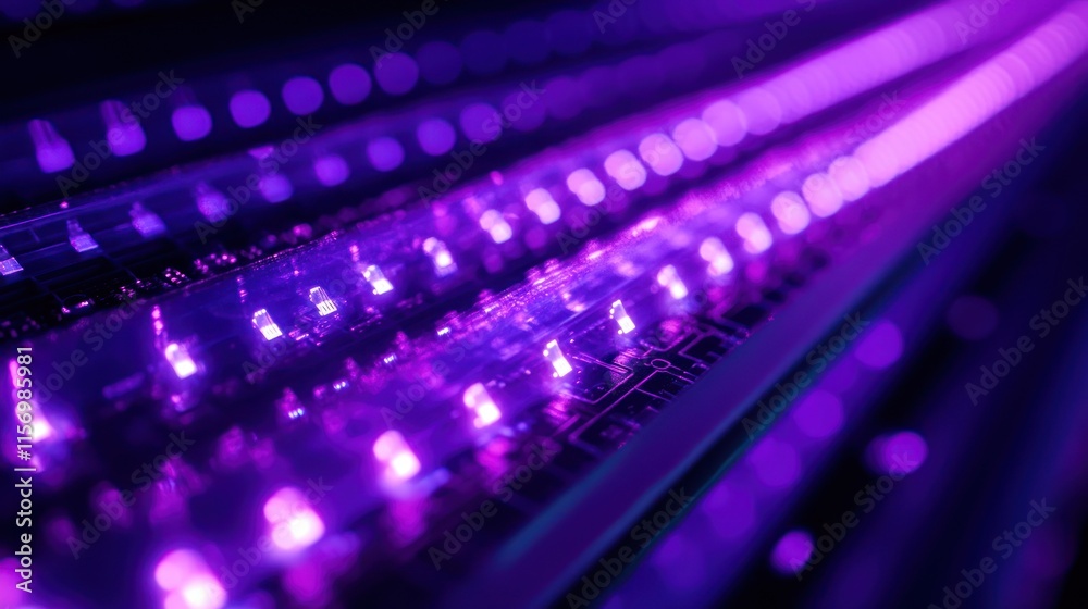 Poster abstract purple led lights illuminate a circuit board, creating a futuristic, technological backgrou