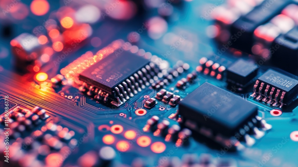 Poster Close-up of a circuit board with microchips and electronic components illuminated with red and blue light.