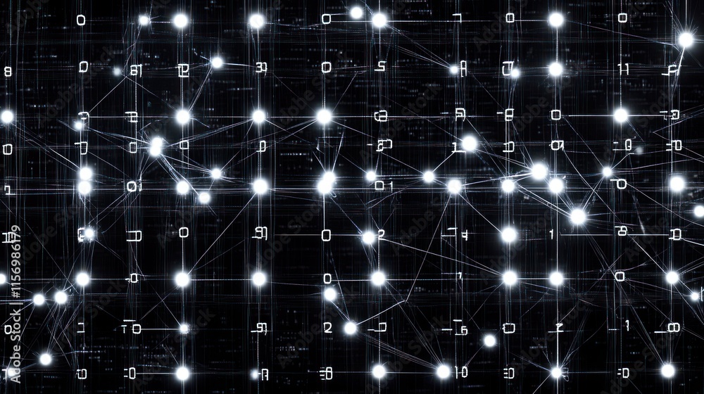 Fototapete Abstract digital network connection with glowing nodes and lines on dark background.