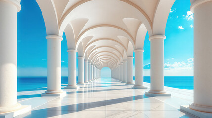Architectural arches with ocean view under clear blue sky