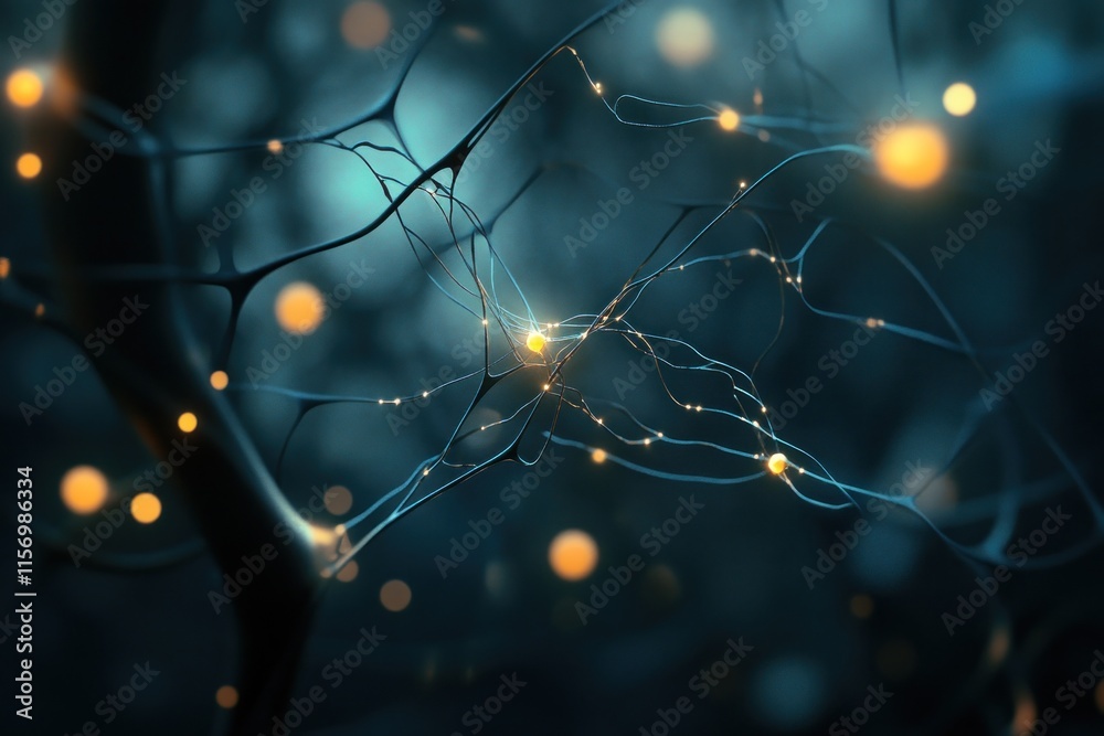 Poster Microscopic view of glowing neuron network.