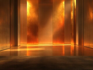 Golden pillars shine in soft orange light, reflecting on a textured carpet and creating a warm atmosphere