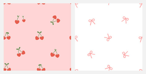 Seamless patterns of heart shape cherry fruit with green leaves and ribbon bows on pink and white backgrounds vector.