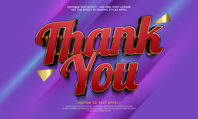 Thank you text effect vector design with red and gold colors in 3d letter effect