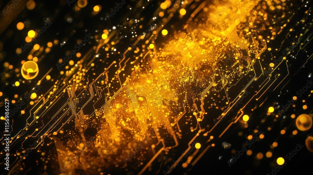 Aufkleber abstract glowing gold particles flowing on a circuit board.