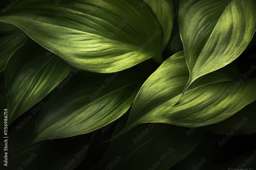 Poster lush green leaves, illuminated by sunlight, creating shadows and textures.