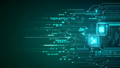 Abstract digital circuit board design, glowing teal lines and nodes on dark green background.  Perfect for tech, data, and innovation concepts.