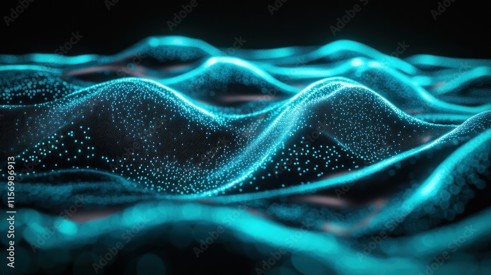 Aufkleber Abstract teal wave pattern with glowing particles on dark background.