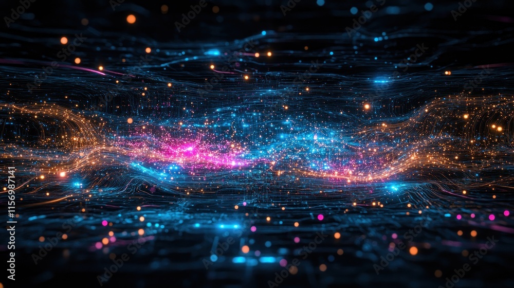 Aufkleber Abstract digital art with glowing particles and lines in blue, orange, and pink hues, creating a dynamic and energetic visual effect.