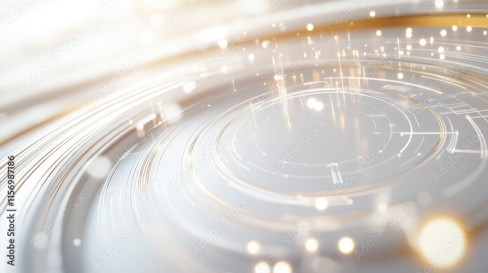 Poster abstract swirling light and gold particles on a white background.