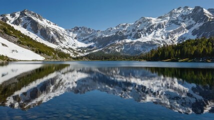 Fototapeta premium Pristine Alpine Lake with Snow-Capped Peaks Reflecting in Clear Water