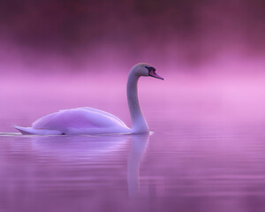 Naklejka premium Serene swan gracefully gliding on a lavender-hued lake at dawn, creating a peaceful and ethereal atmosphere.