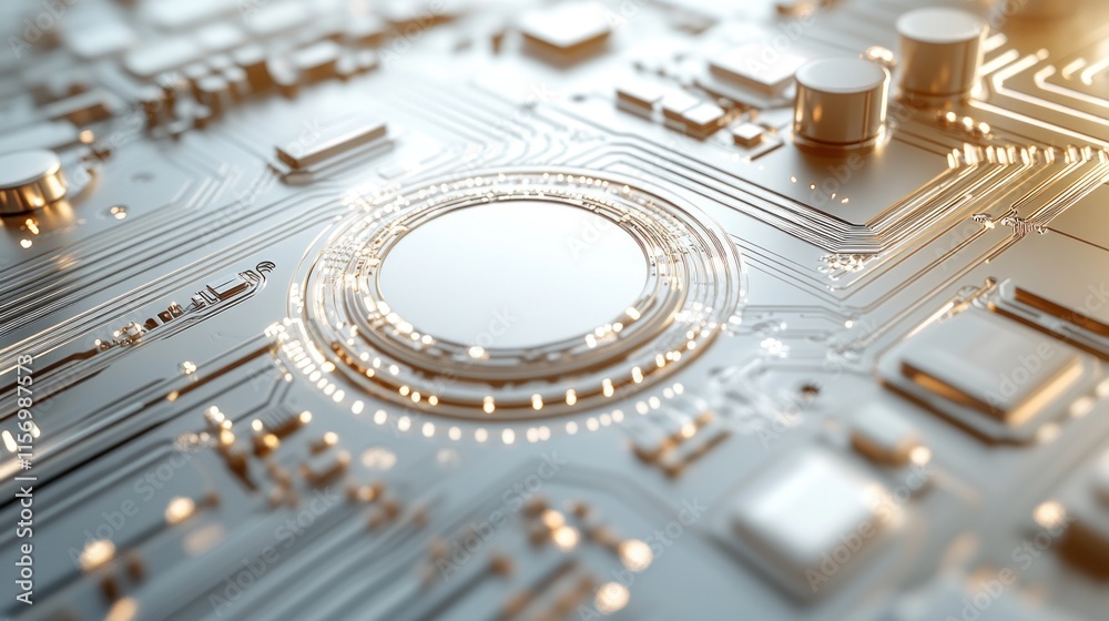 Leinwandbilder close-up of a metallic circuit board with a central illuminated circular element.