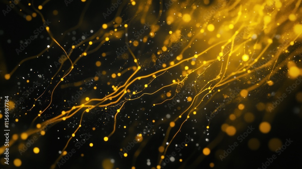 Poster abstract golden glowing lines and particles on black background.
