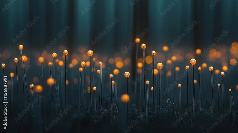 Poster glowing orbs illuminate a dark forest floor, creating a magical, ethereal scene.