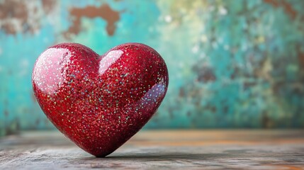 Fototapeta premium Red glitter bright heart on floor, on turquoise wall background, with copy space. Valentines day concept