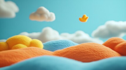 An imaginative and artistic landscape featuring fluffy hills under a bright blue sky, creating a sense of whimsy and joy with colorful, dreamlike elements.