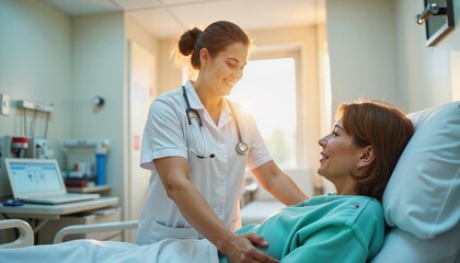 Obraz premium Nurse smiling at patient in hospital room