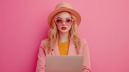 A chic and fashionably dressed woman in stylish pink attire, complete with hat and sunglasses, working diligently on a laptop against a matching pink background.