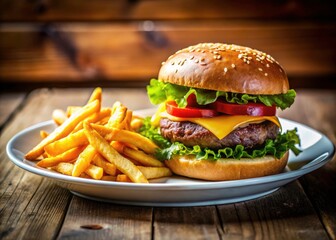 Documentary Photography: Classic American Hamburger Meal - Fast Food, Fries, Burger, Plate