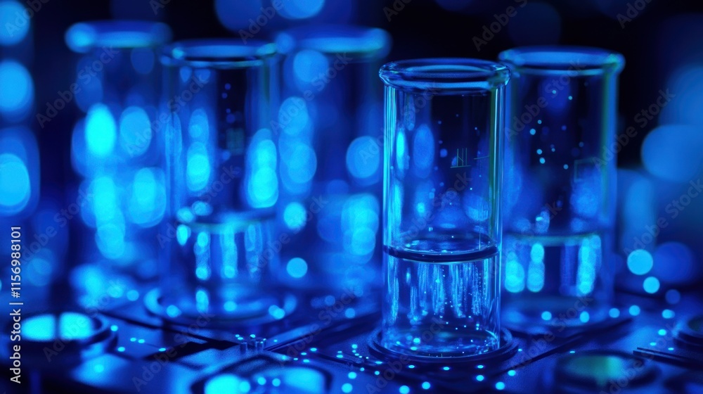 Poster Close-up of test tubes with blue liquid in a laboratory setting, illuminated with bokeh lights.