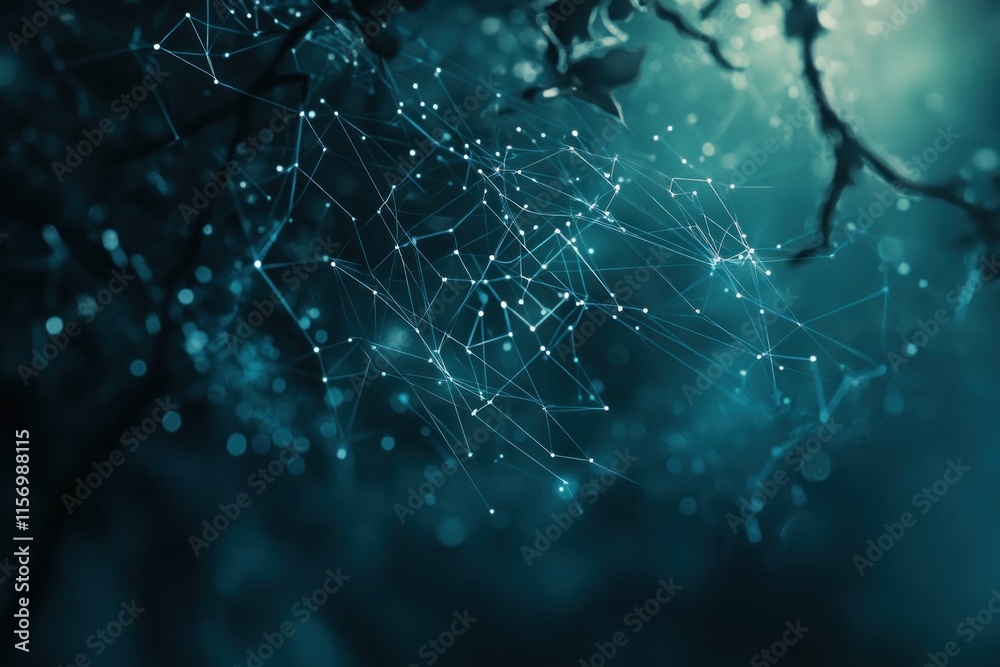 Poster Abstract teal network connecting nodes, bokeh background, tree branches.