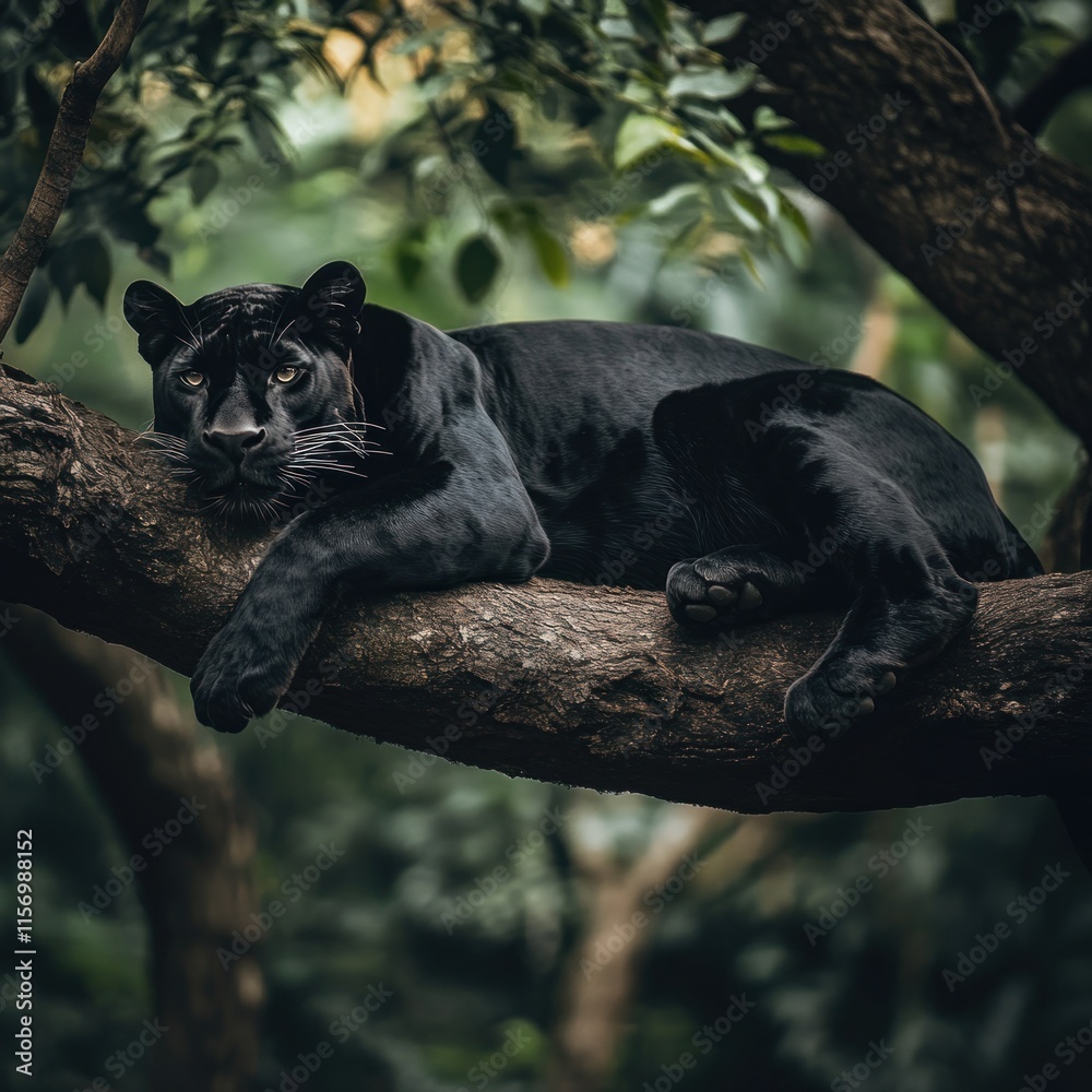 Poster black panther resting on a tree branch in lush green forest.