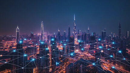 Fototapeta premium Smart digital Innovation city with connection network reciprocity over the cityscape. of future smart wireless digital city and social media networking systems that connects people with in city