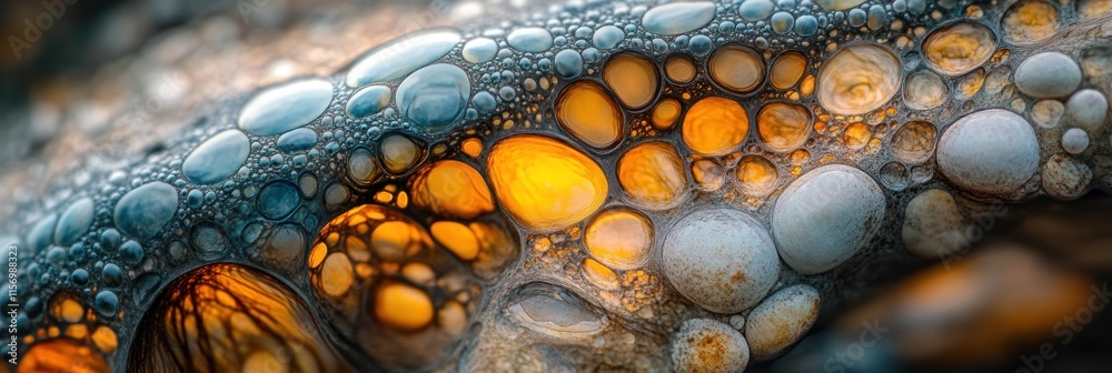 Poster abstract close-up of colorful, textured bubbles resembling geological formations.