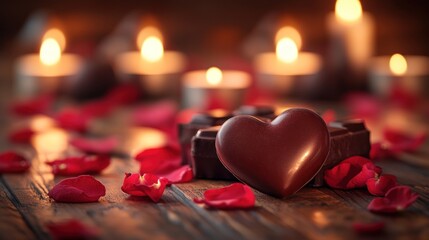 Chocolate heart and rose petals by candlelight.
