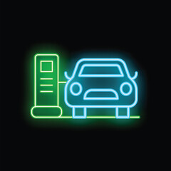 Neon electric car charging at the station, clean energy concept