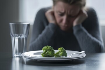 A woman is sitting at a table with a white plate in front of her, on which there is a piece of broccoli and a fork in her hand. She appears tired, possibly from weight loss