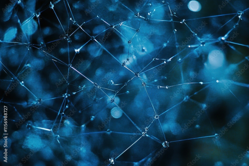 Poster abstract blue network with water droplets and bokeh background.