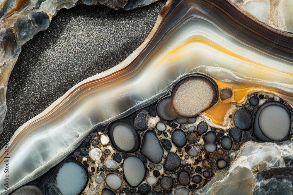 Fototapete Close-up of agate gemstone slice revealing intricate patterns and textures of bands, curves, and embedded pebbles.