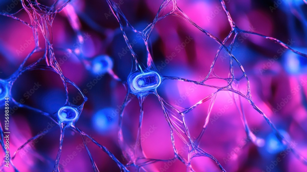 Poster microscopic view of neurons interconnected in a neural network, vibrant pink and blue hues.