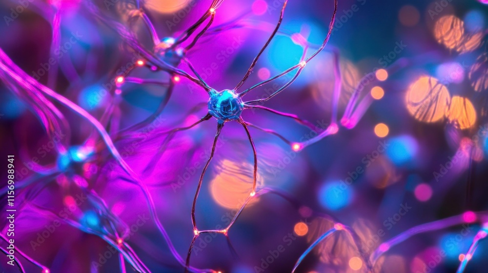 Poster Microscopic view of neuron cell network with glowing connections.