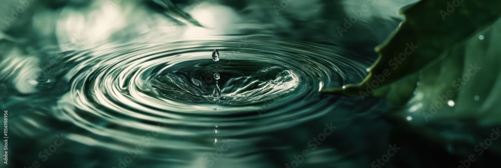 Aufkleber water droplet creating ripples in dark green water with a leaf in the background.