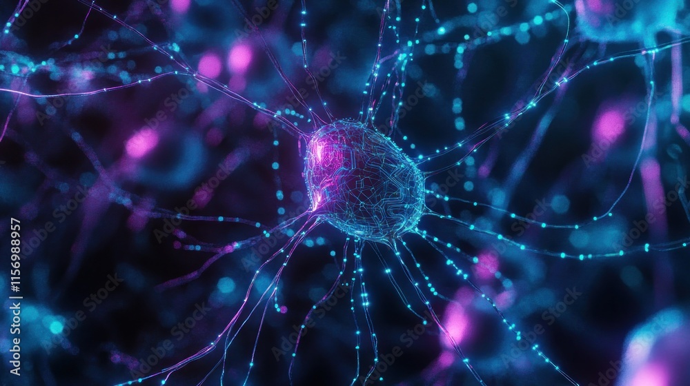 Poster Microscopic view of a neuron cell with glowing axons and dendrites.