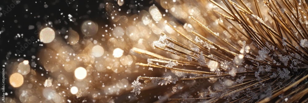 Poster close-up of frosty grass blades with bokeh lights.