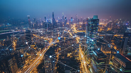 Fototapeta premium Smart digital Innovation city with connection network reciprocity over the cityscape. of future smart wireless digital city and social media networking systems that connects people with in city