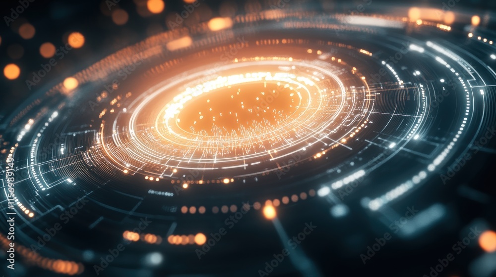 Poster Abstract glowing circular tech interface.
