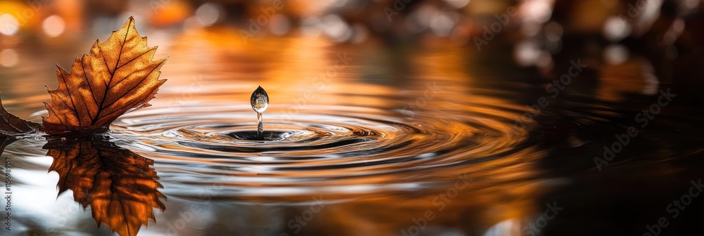 Aufkleber autumn leaf in water with a droplet creating ripples.