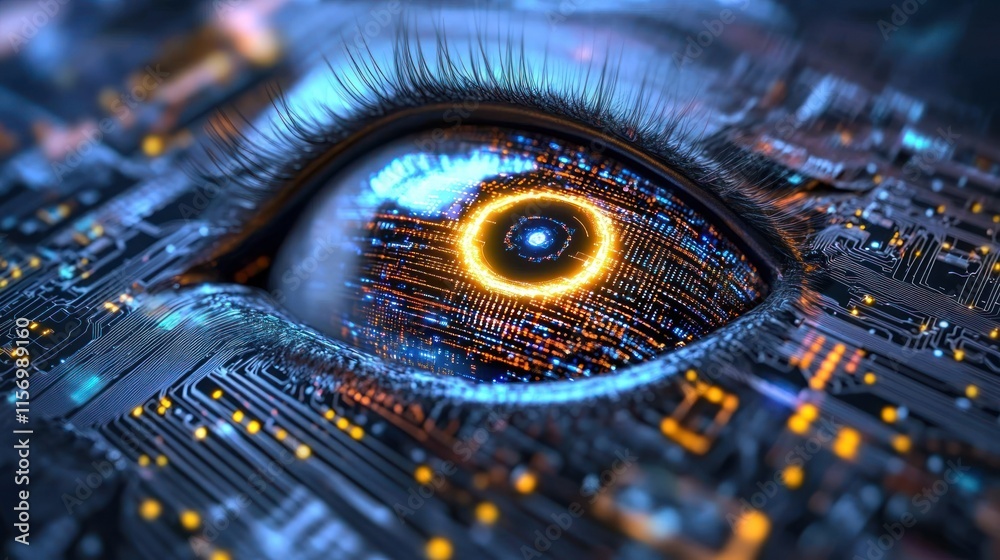 Poster close-up of a futuristic eye integrated with a circuit board, showcasing technological advancement a