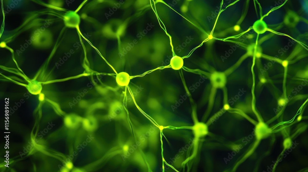 Poster Microscopic view of interconnected neurons, glowing green, complex network.