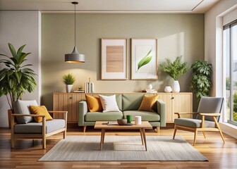 Modern Minimalist Living Room Interior Design with Wooden Sideboard and Blank Canvas