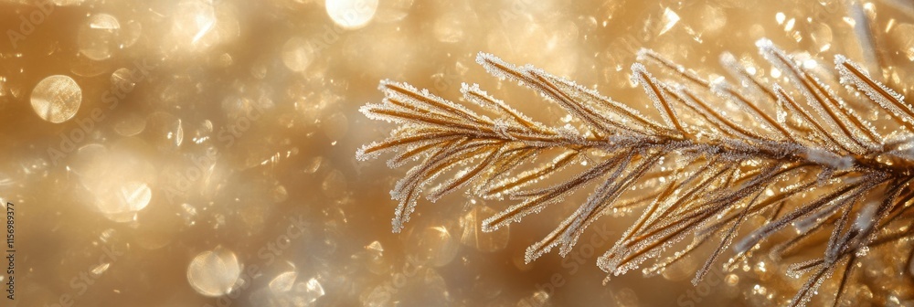 Poster close-up of a frost-covered pine branch against a bokeh background.