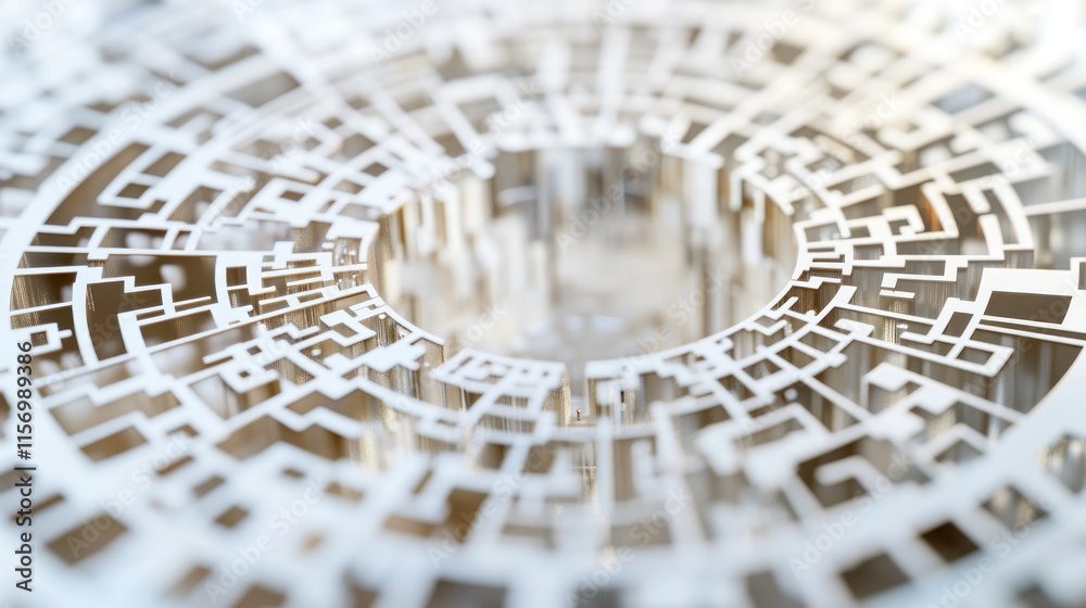 Fototapete Abstract 3D rendering of a complex, circular maze-like structure with a central void, showcasing intricate patterns and depth.